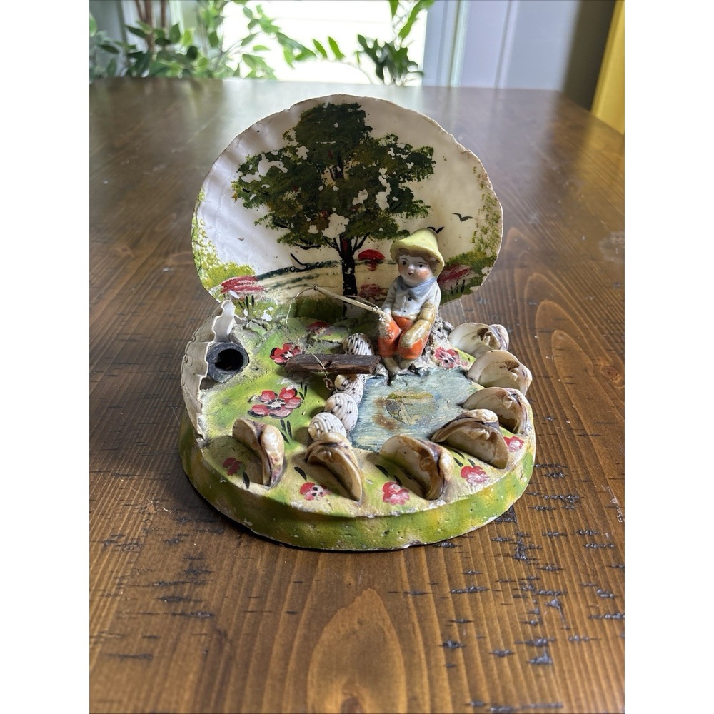 MCM Seashell Boy Fishing TV Lamp Abalone Shell Kitsch Whimsical Decor